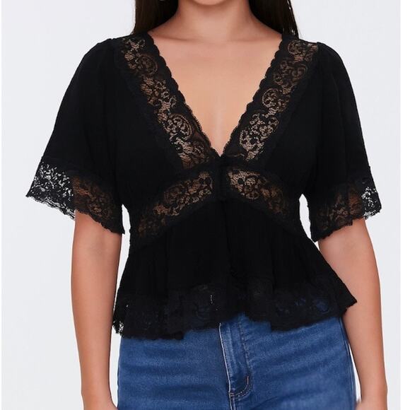 Y2K Black Lacy Babydoll Top Size M Whimsigoth Feminine Coquette Going Out Top - Picture 1 of 9